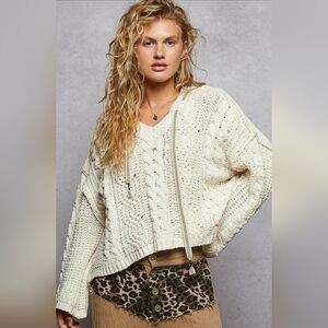 #716 POL Chenille Pullover Sweater With Hoodie (Cream)